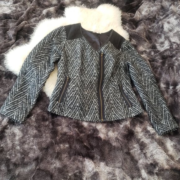 Tweed Moto Blazer with Quilted Faux Leather Detail - Sz M - Picture 2 of 12